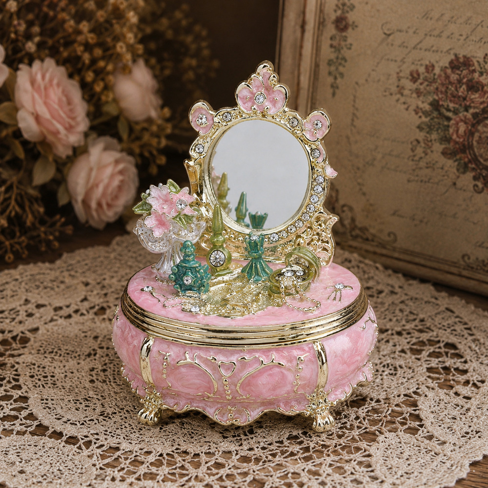 Vintage Vanity Trinket Box Jewelry Organizer Mirror Floral Gold Decor Gift
